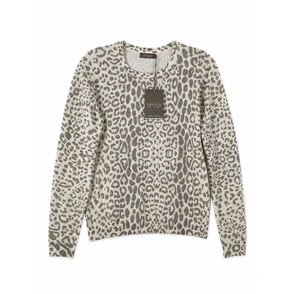 Brodie Cashmere Sweater Sz Small Gray Ivory Leopard Print Crew Neck Quiet Luxury